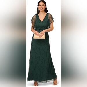 NWT - Adrianna Papell Beaded Dusty Emerald Blouson Evening Maxi Gown - Size 16